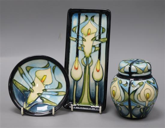 Moorcroft Cala Lily - a small ginger jar and cover and two dishes